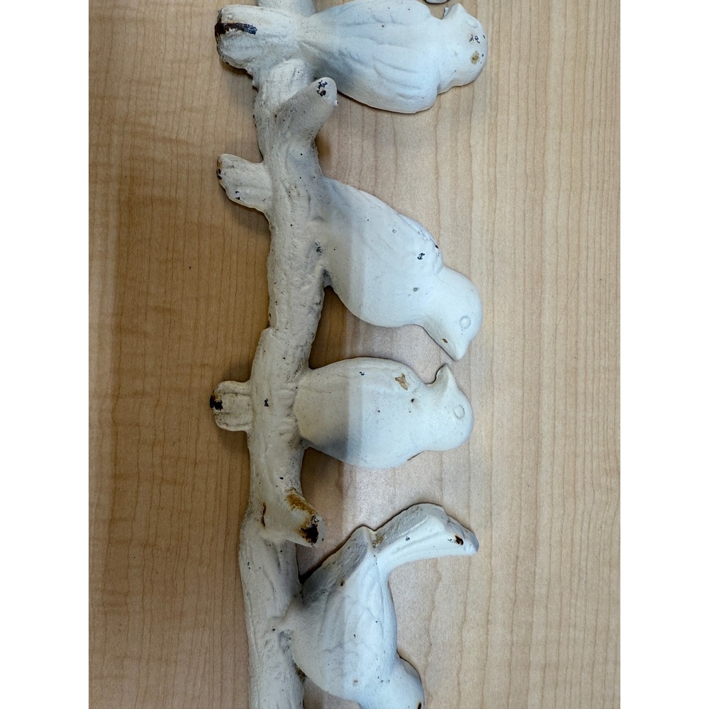 Vintage Style Cast Iron Birds on Branch Wall Hook Rack White Distressed 19 Inch - Picture 12 of 15